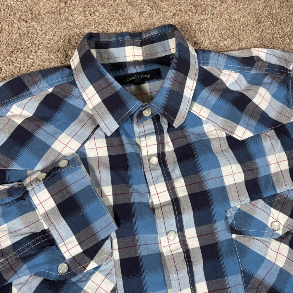 Double Pump‎ Mens Blue Plaid Western Pearl Snap Button Down Shirt Large Cotton